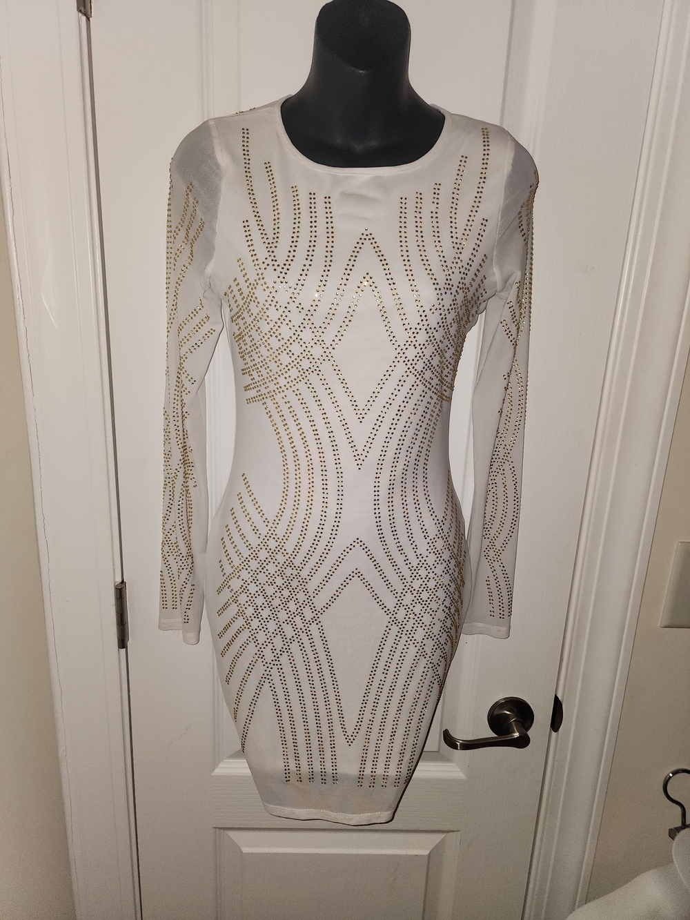White Long-Sleeve Bodycon Dress with Gold Stud Detail